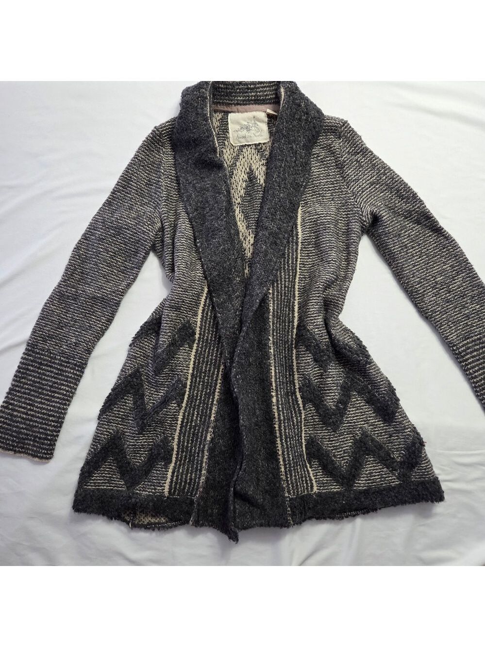 Anthropologie Angel of the North Wool Cardigan Chevron Sweater Small Gray Black